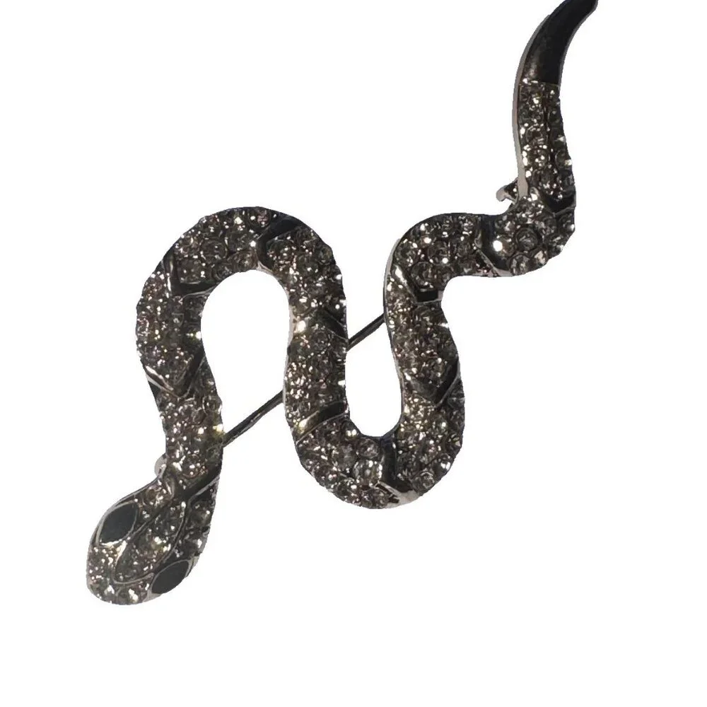 Vintage Silver Tone Clear Rhinestone Snake Brooch Pin Green Eyes NEW